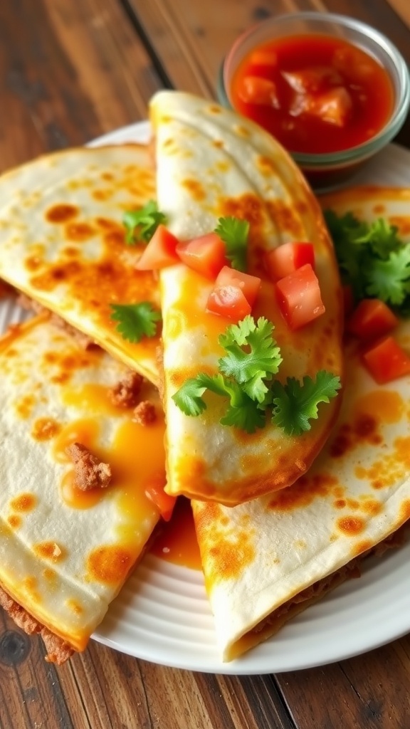 Cheesy hamburger quesadilla cut into wedges, garnished with tomatoes and lettuce, served with salsa.